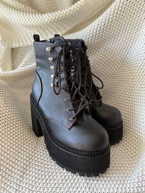 Demonia Black Platform Lace-Up Ankle Boots with Red Stitching